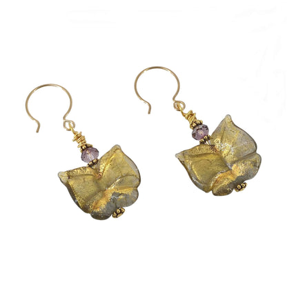 Gold Murano Glass Butterfly Earrings with Austrian Crystals on Gold Filled Earrings  