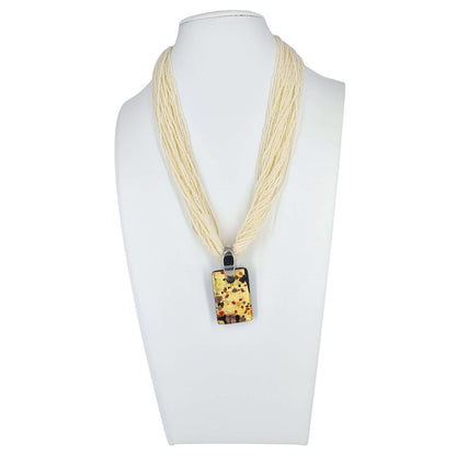 Ivory Italian Multi-Strand Seed Bead Necklace with Large Gold Murano Glass Pendant  