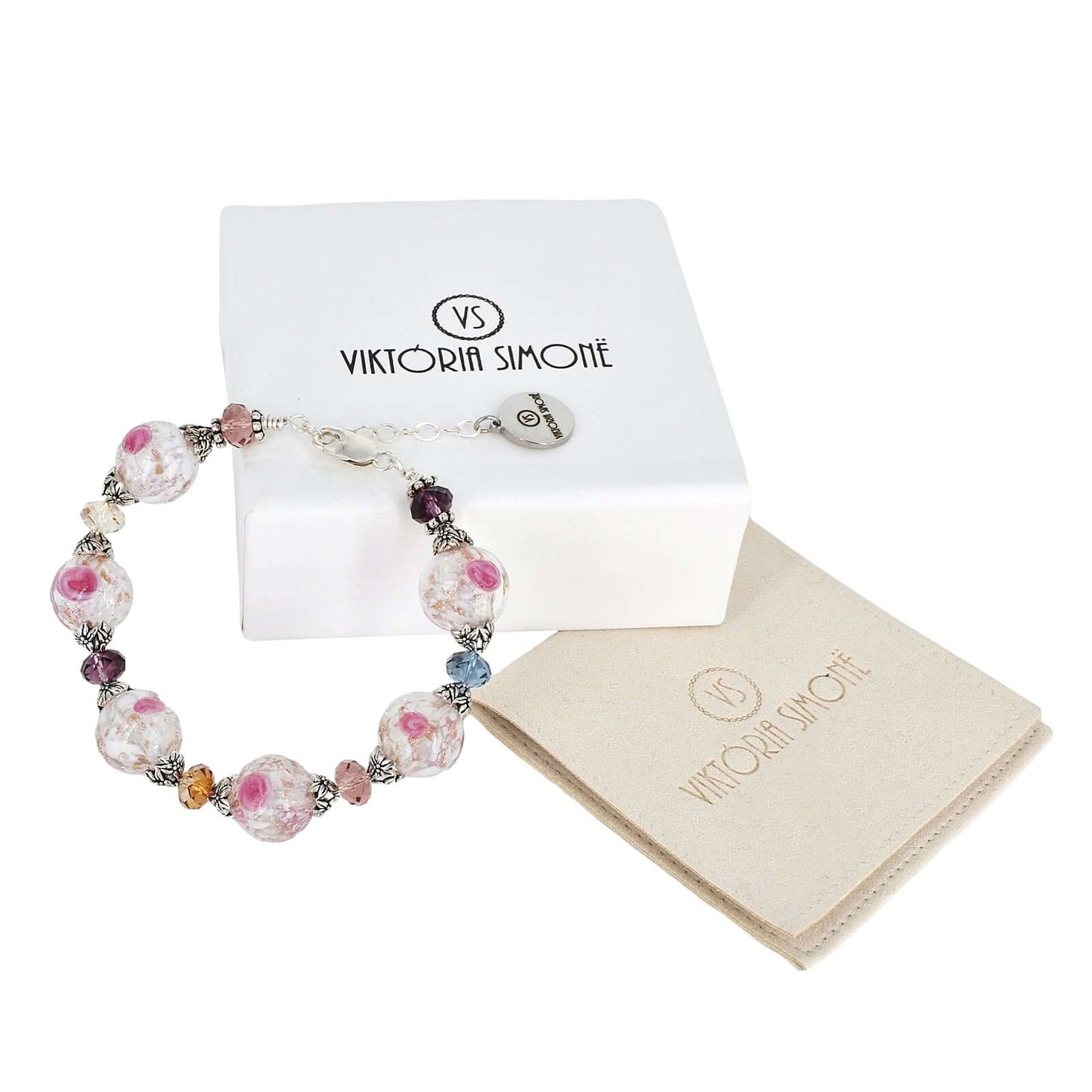 Italian Pink Floral Murano Glass & Crystal Bead Bracelet with Sterling Silver Clasp  