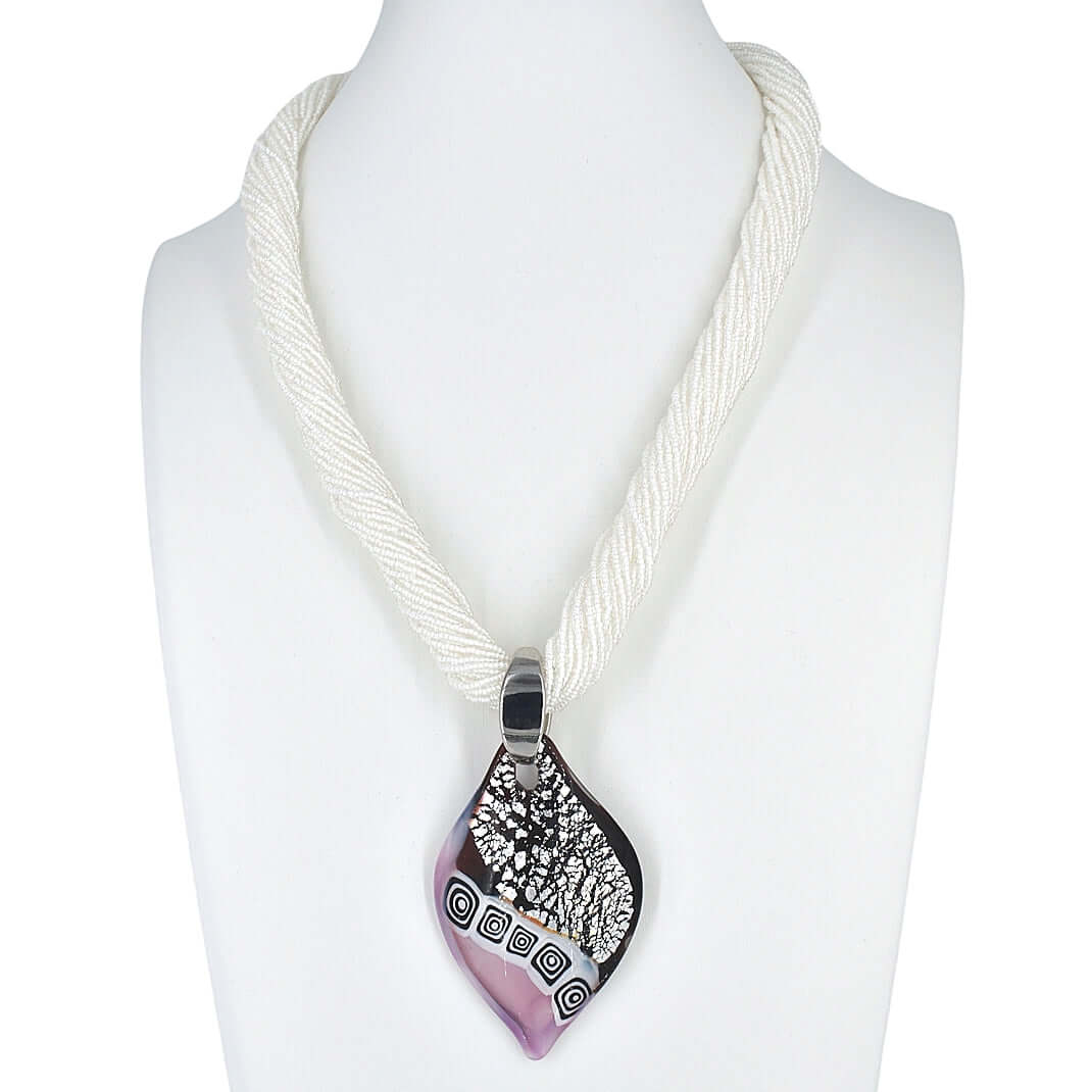 White Italian Multi-Strand Seed Bead Necklace with Large Black and Pink Murano Glass Pendant  