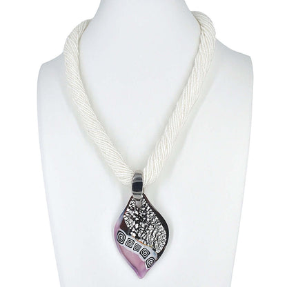 White Italian Multi-Strand Seed Bead Necklace with Large Black and Pink Murano Glass Pendant  