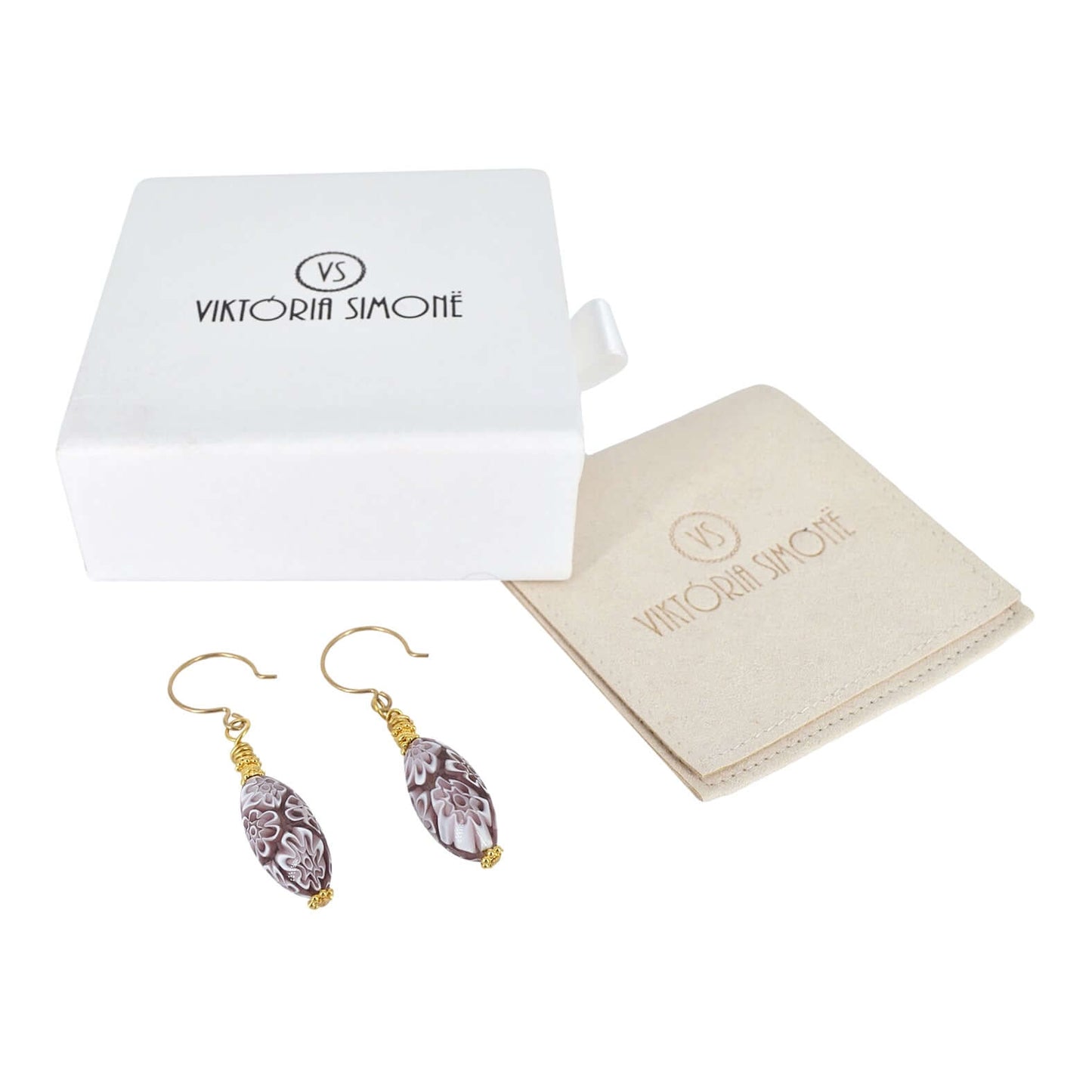 Oval Purple Floral Murano Glass Earrings on Gold Filled Earring Wires  