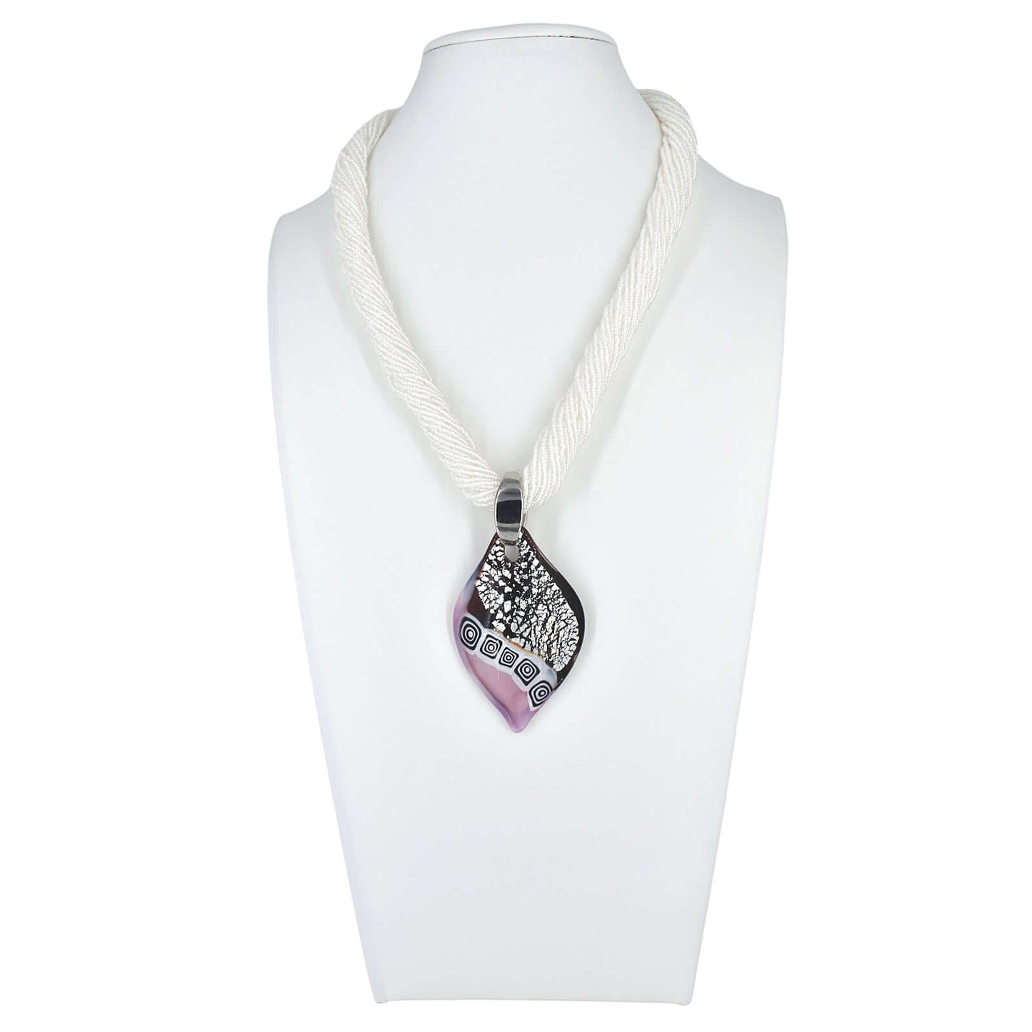 White Italian Multi-Strand Seed Bead Necklace with Large Black and Pink Murano Glass Pendant  