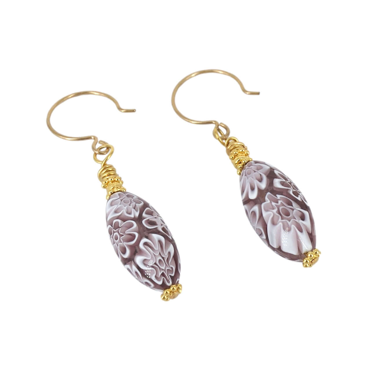 Oval Purple Floral Murano Glass Earrings on Gold Filled Earring Wires  