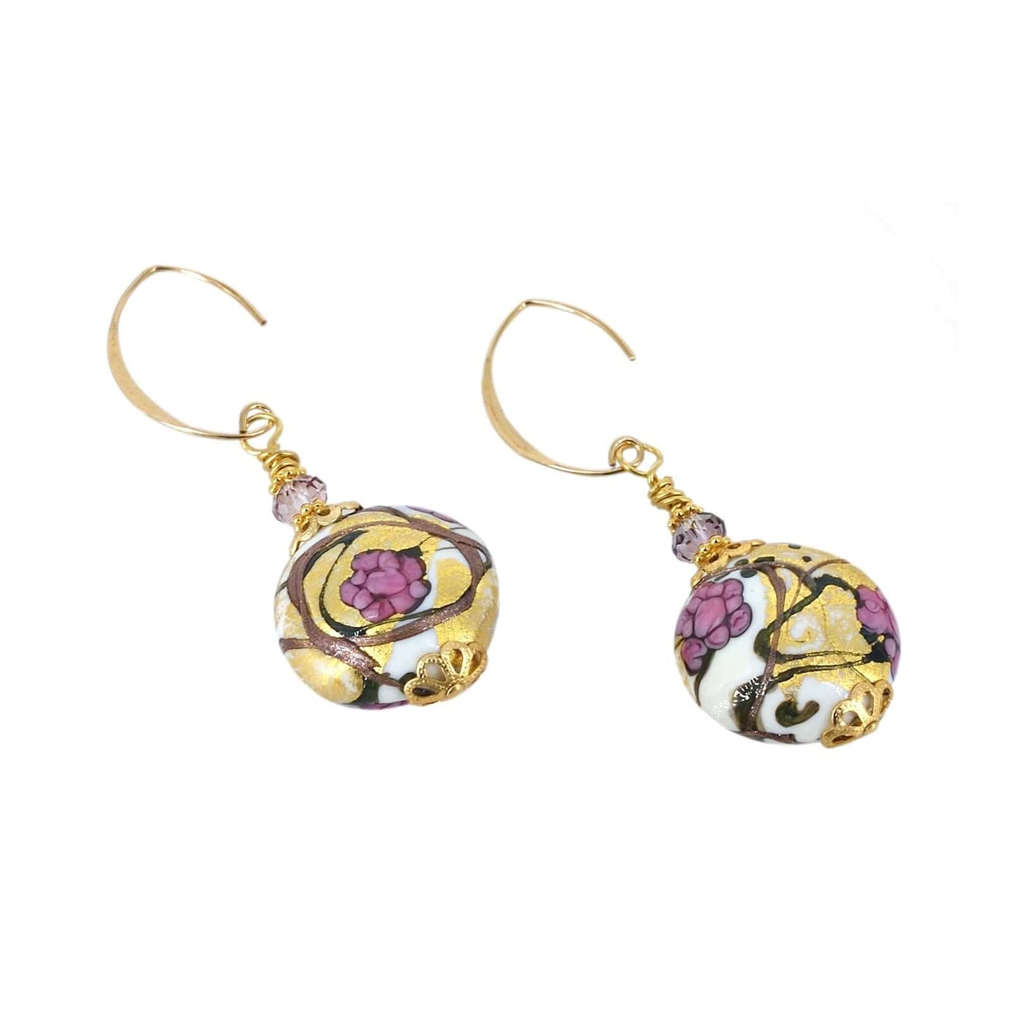 Pink and Gold Venetian Bead Earrings on Gold-Filled Earring Wires  