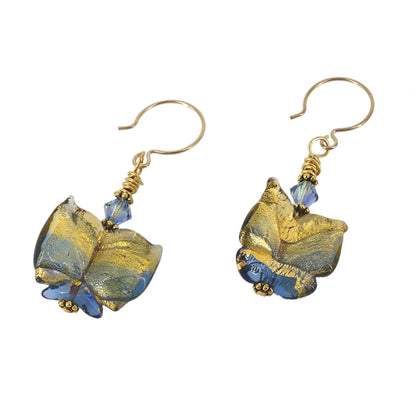 Gold and Blue Murano Glass Butterfly Earrings with Austrian Crystals on Gold Filled Earrings  