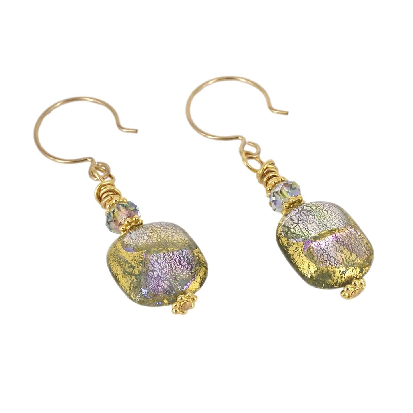 Multi-Color Gold and Pink Dichoric Venetian Bead Glass Earrings with Austrian Crystals on Gold Filled Earring Wires  