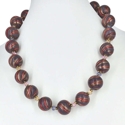 Purple and Red Round Swirl Round Murano Glass Ball Bead Necklace with Austrian Crystals  