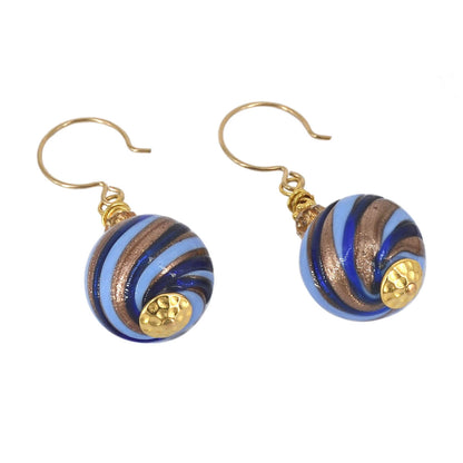 Blue and Gold Swirl Glass Bead Murano Glass Earrings with Austrian Crystals on Gold Filled Earring Wires  