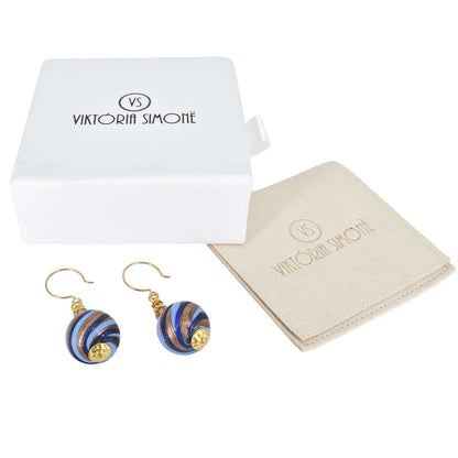 Blue and Gold Swirl Glass Bead Murano Glass Earrings with Austrian Crystals on Gold Filled Earring Wires  