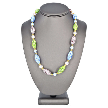 Multi-Color Blue, Green, Amethyst Large Oval Murano Glass Beaded Necklace - Gold Filled Clasp  