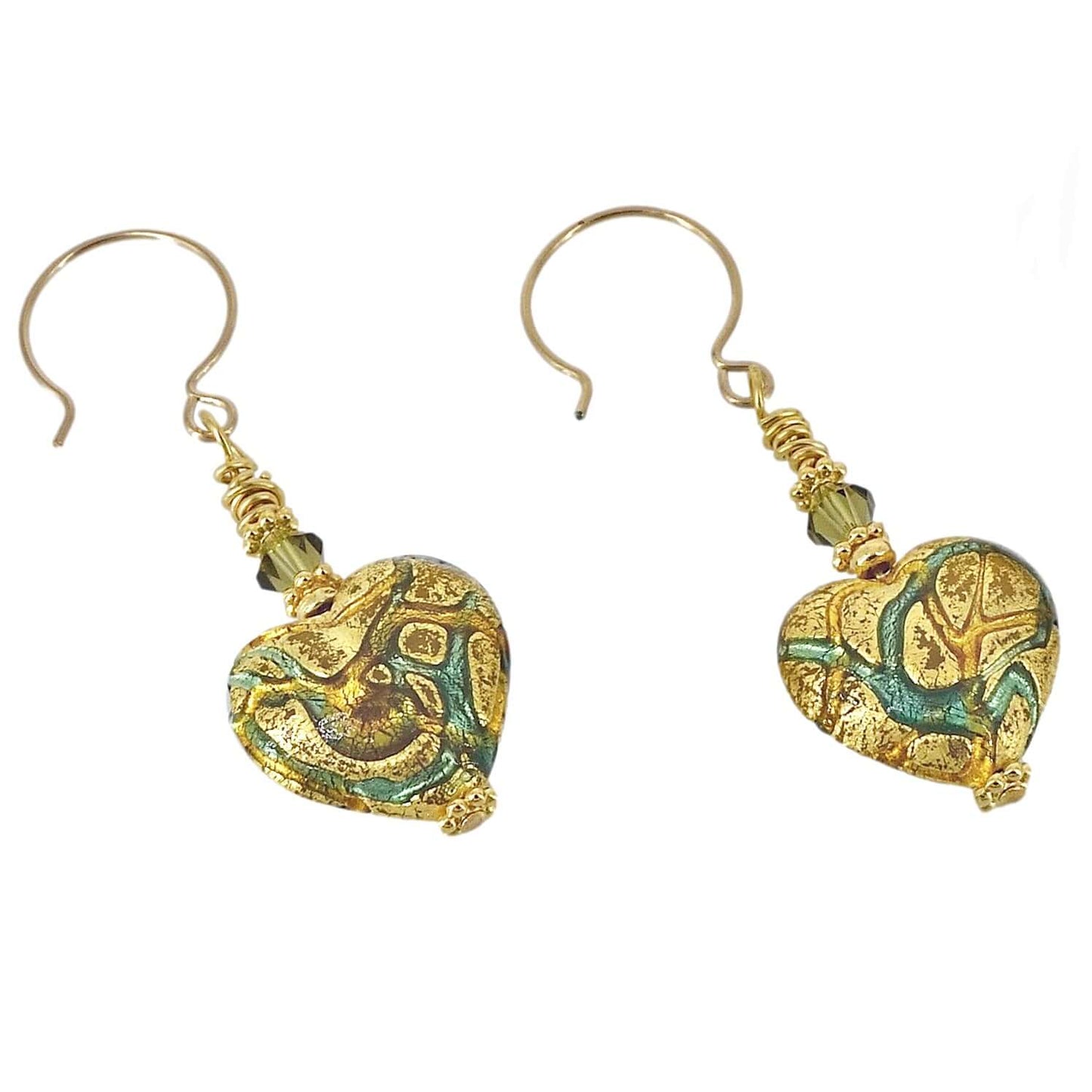 Gold and Green Murano Glass Beaded Heart Earrings with Austrian Crystals on Gold Filled Earrings  