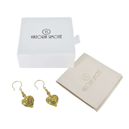 Gold and Green Murano Glass Beaded Heart Earrings with Austrian Crystals on Gold Filled Earrings  