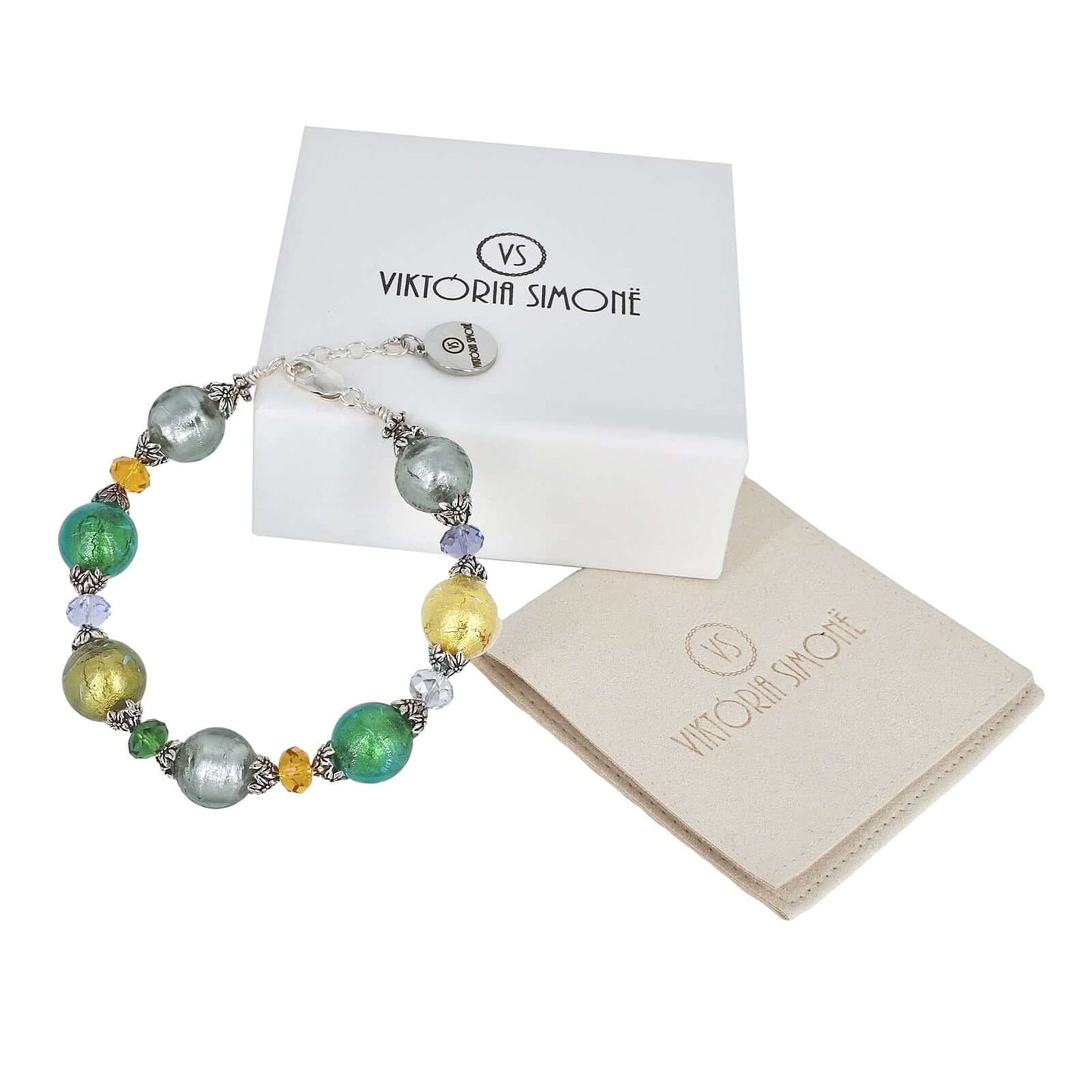 Italian Multicolor Murano Glass & Crystal Bead Bracelet with Sterling Silver Clasp  