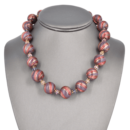 Purple and Red Round Swirl Round Murano Glass Ball Bead Necklace with Austrian Crystals  