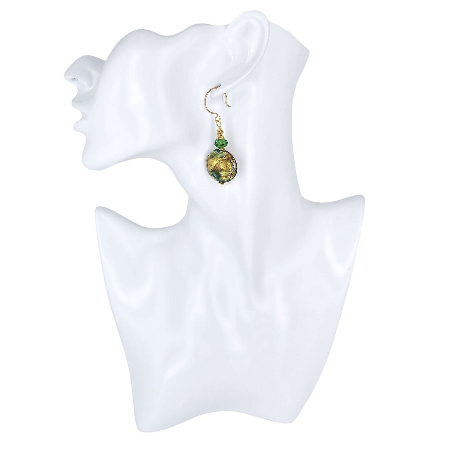 Green Murano Glass Bead Earrings with Austrian Crystals on Gold Filled Earring Wires  