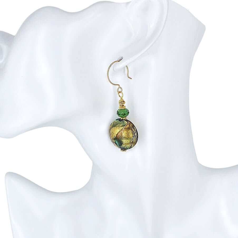 Green Murano Glass Bead Earrings with Austrian Crystals on Gold Filled Earring Wires  