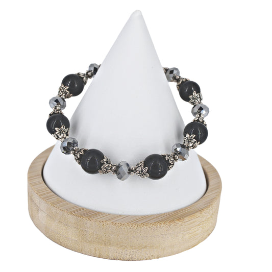 Italian Black & Gray Murano Glass & Crystal Bead Bracelet  