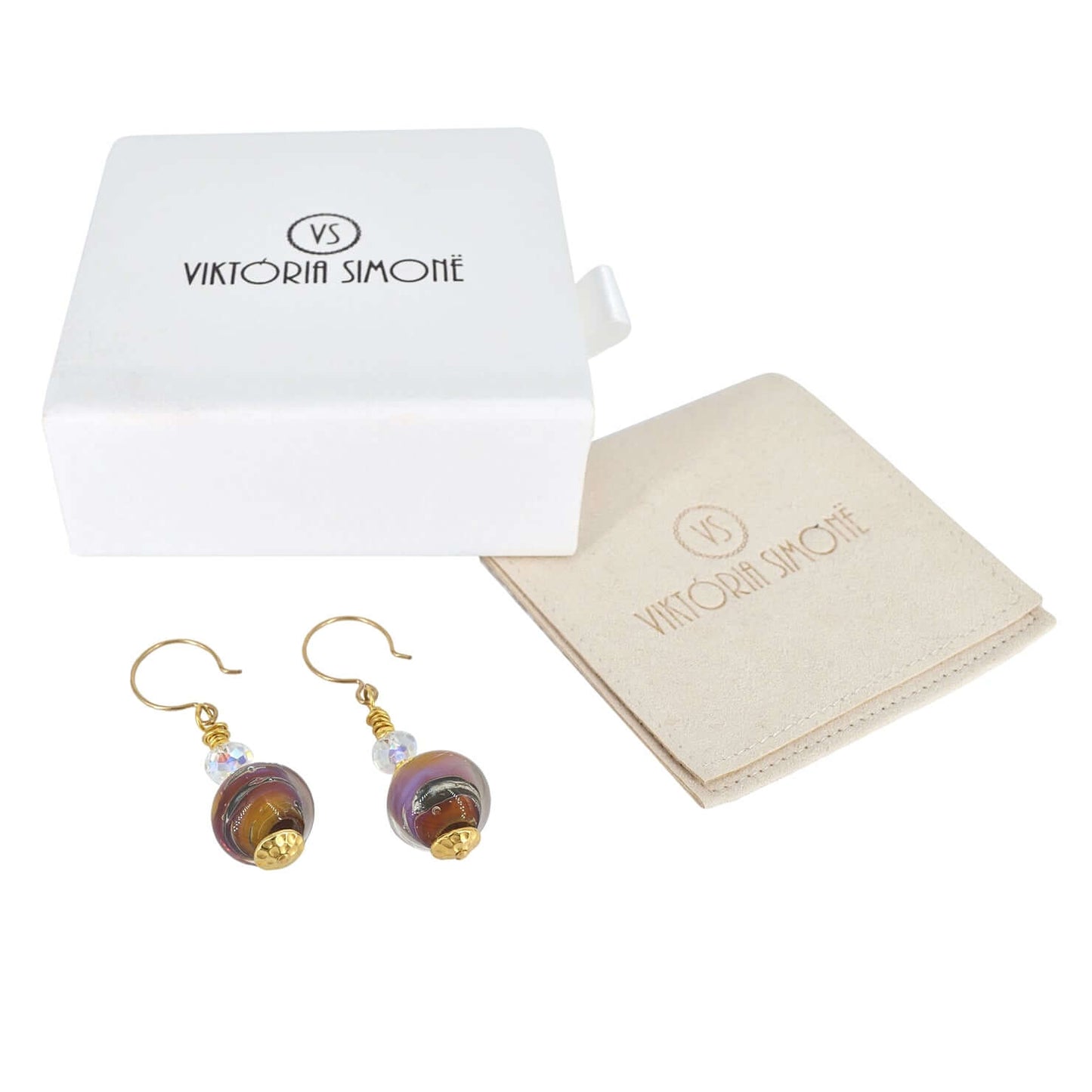 Purple Round Venetian Glass Earrings with Austrian Crystals on Gold Filled Earring Wires  