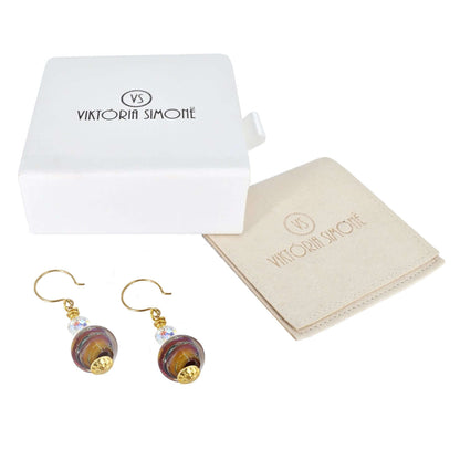 Multicolor Earthen Swirl Moretti Glass Bead Earrings with Austrian Crystals on Gold Filled Earring Wires  