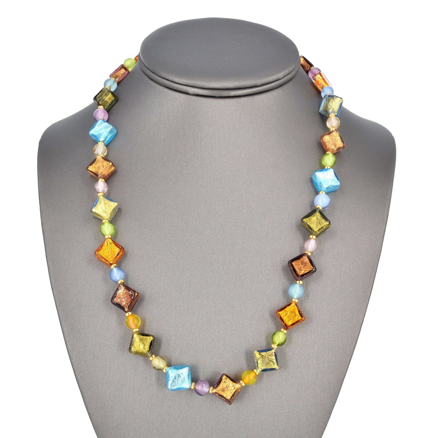 Multi-Color Harlequin Style Murano Glass Beaded Necklace with Gold Filled Clasp  