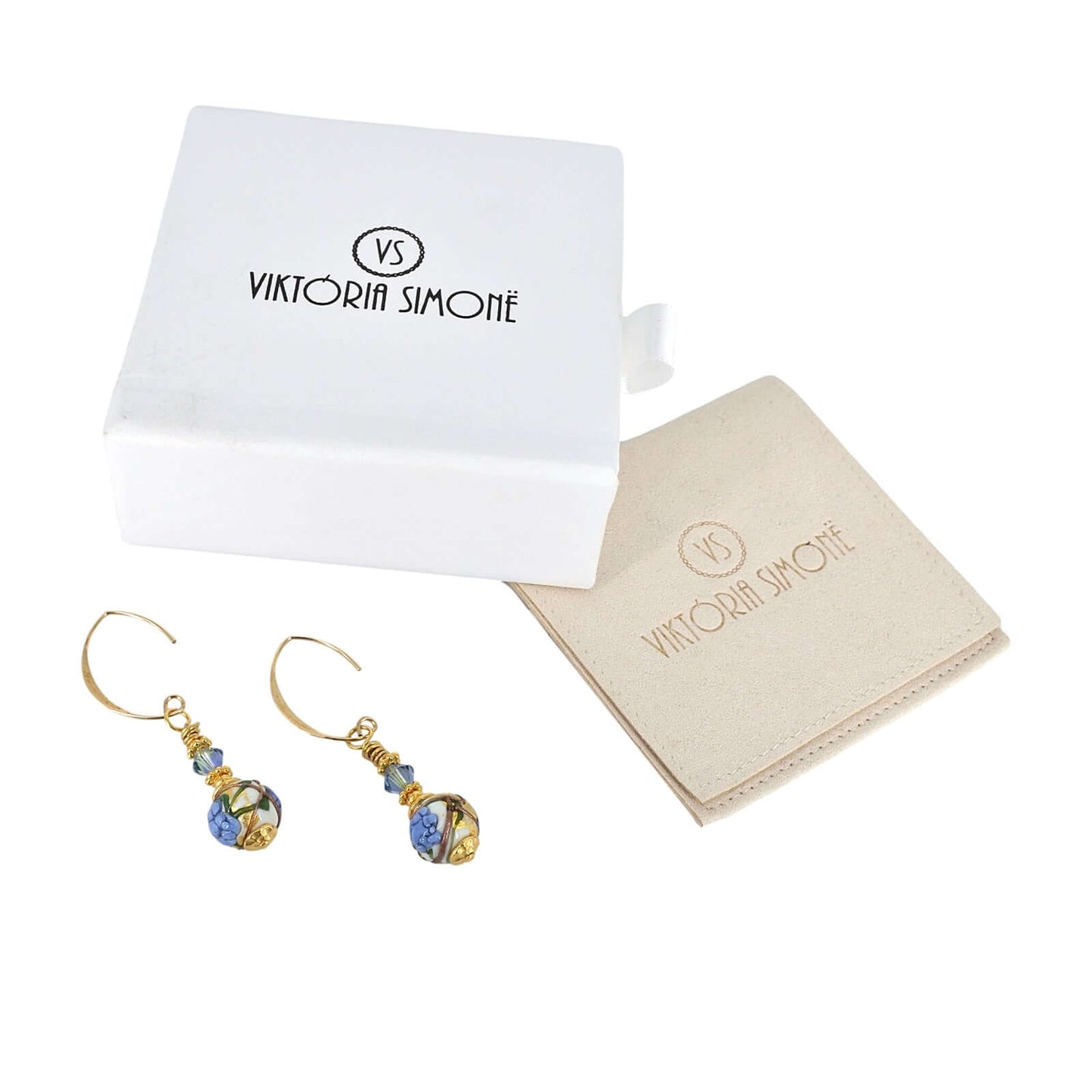 Blue Floral Round Bead Murano Glass Drop Earrings with Austrian Crystal on Gold-Filled Earring Wires  