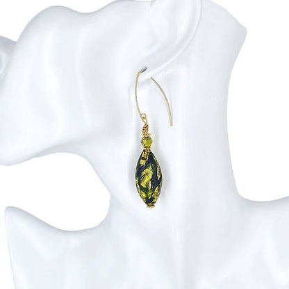 Long Green Oval Murano Glass Earrings with Austrian Crystal on Gold Filled Earwires  