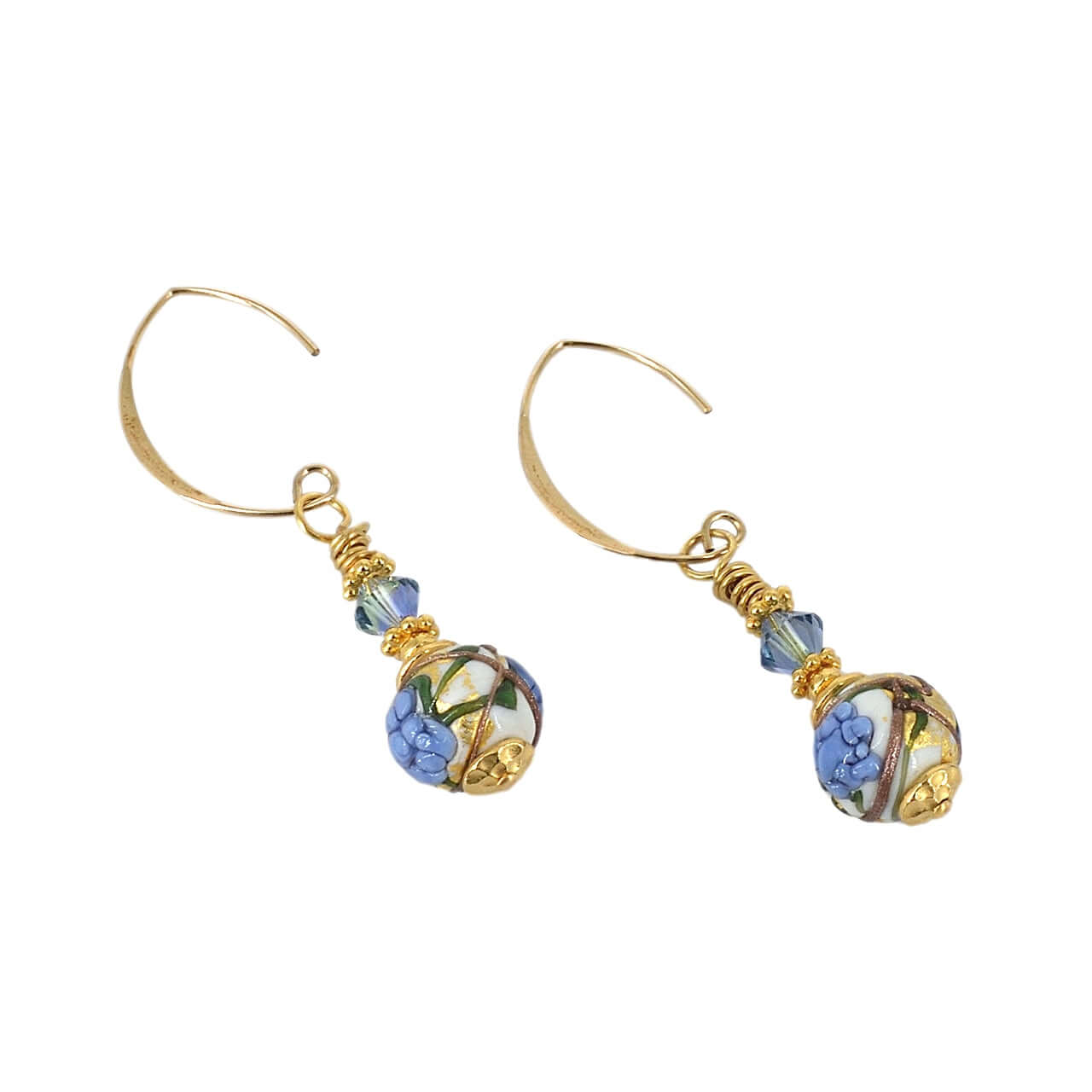 Blue Floral Round Bead Murano Glass Drop Earrings with Austrian Crystal on Gold-Filled Earring Wires  