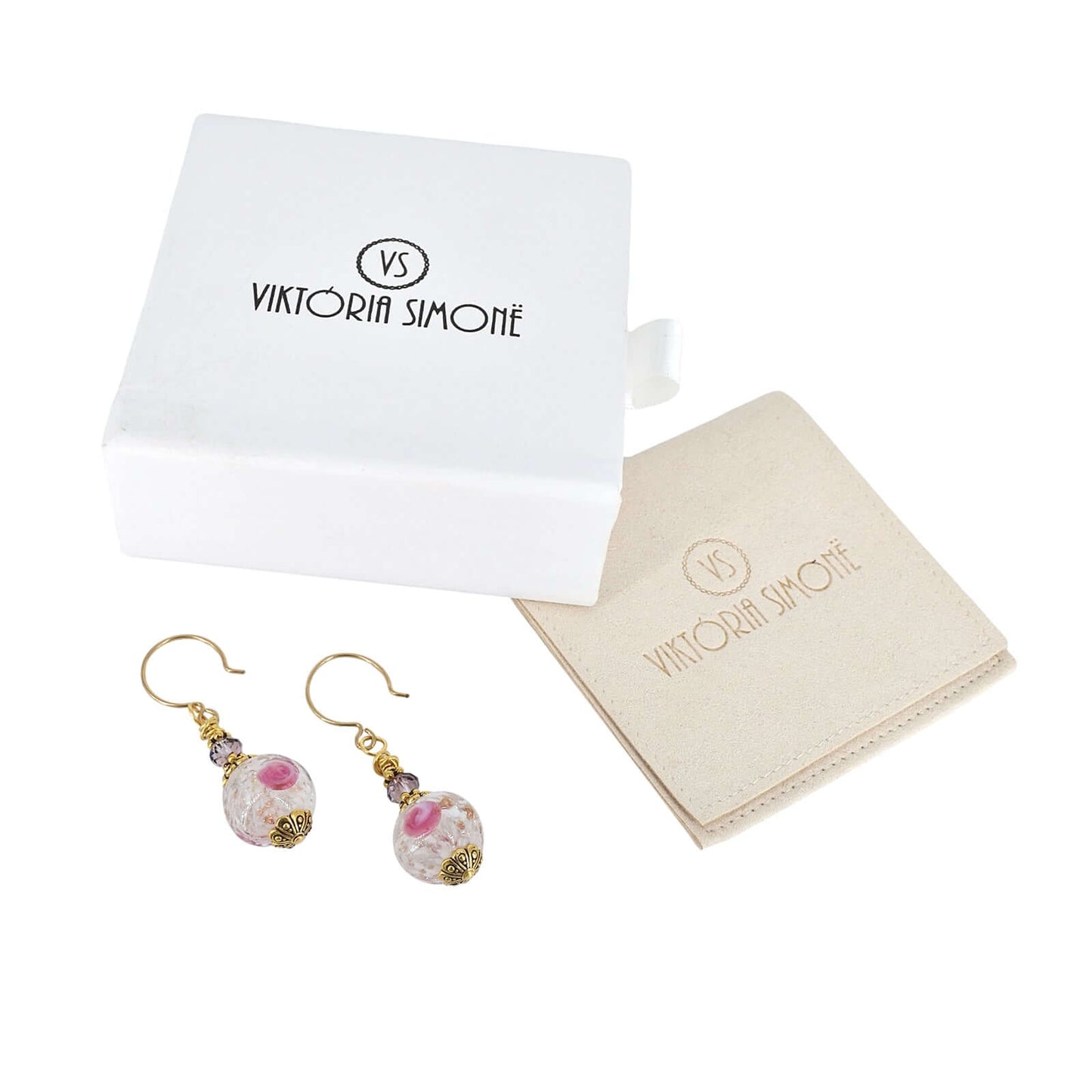 Pink Floral Italian Glass Earrings on Gold Filled Earring Wires with Genuine Austrian Crystals  