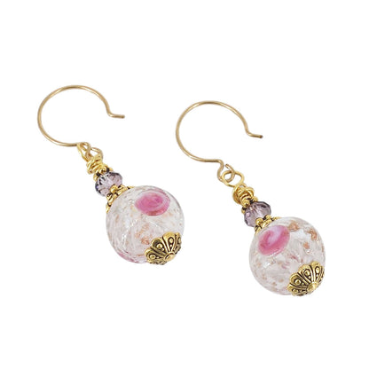 Pink Floral Italian Glass Earrings on Gold Filled Earring Wires with Genuine Austrian Crystals  