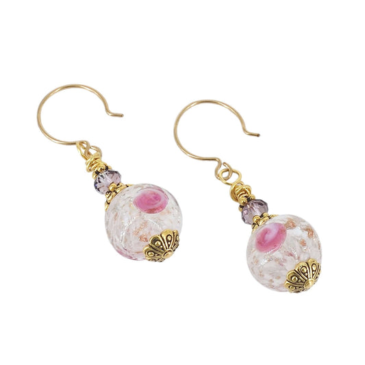 Pink Floral Italian Glass Earrings on Gold Filled Earring Wires with Genuine Austrian Crystals  