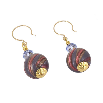 Purple Swirl Round Murano Glass Earrings with Purple Austrian Crystals on Gold Filled Earring Wires  