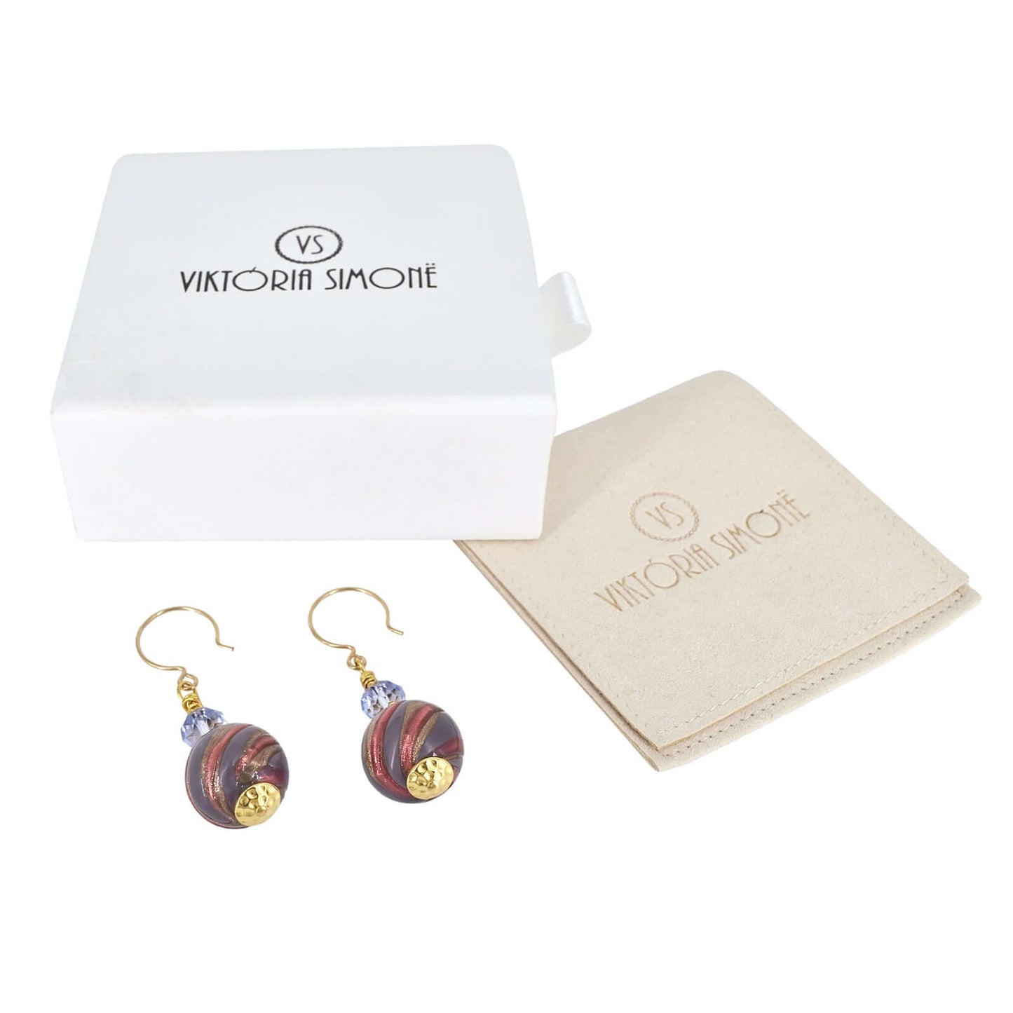 Purple Swirl Round Murano Glass Earrings with Purple Austrian Crystals on Gold Filled Earring Wires  