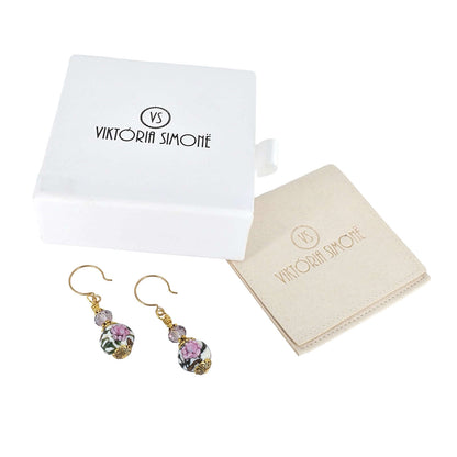 Pink Floral Round Bead Murano Glass Dangle Earrings with Austrian Crystal on Gold-Filled Earring Wires  