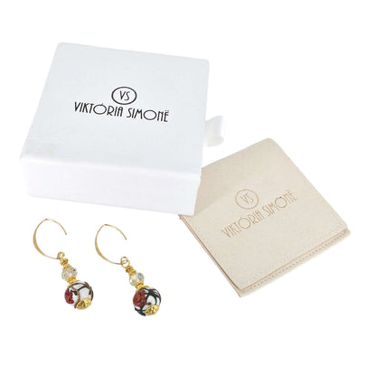 Red Floral Round Bead Murano Glass Dangle Earrings with Austrian Crystal on Gold-Filled Earring Wires  