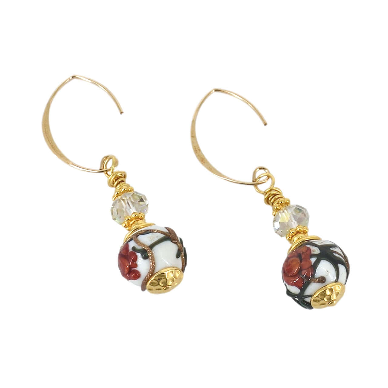 Red Floral Round Bead Murano Glass Dangle Earrings with Austrian Crystal on Gold-Filled Earring Wires  