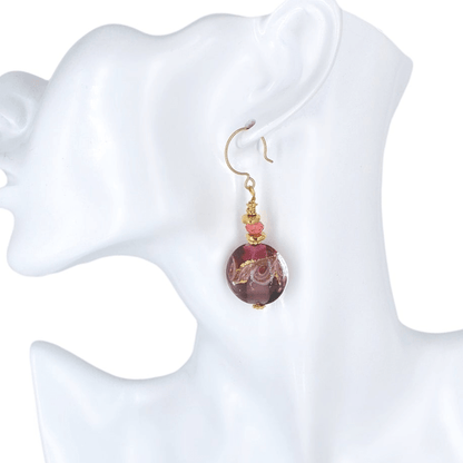 Gold and Pink Ocean Wave Murano Glass Bead Earrings with Austrian Crystal on Gold Filled Earring Wires  