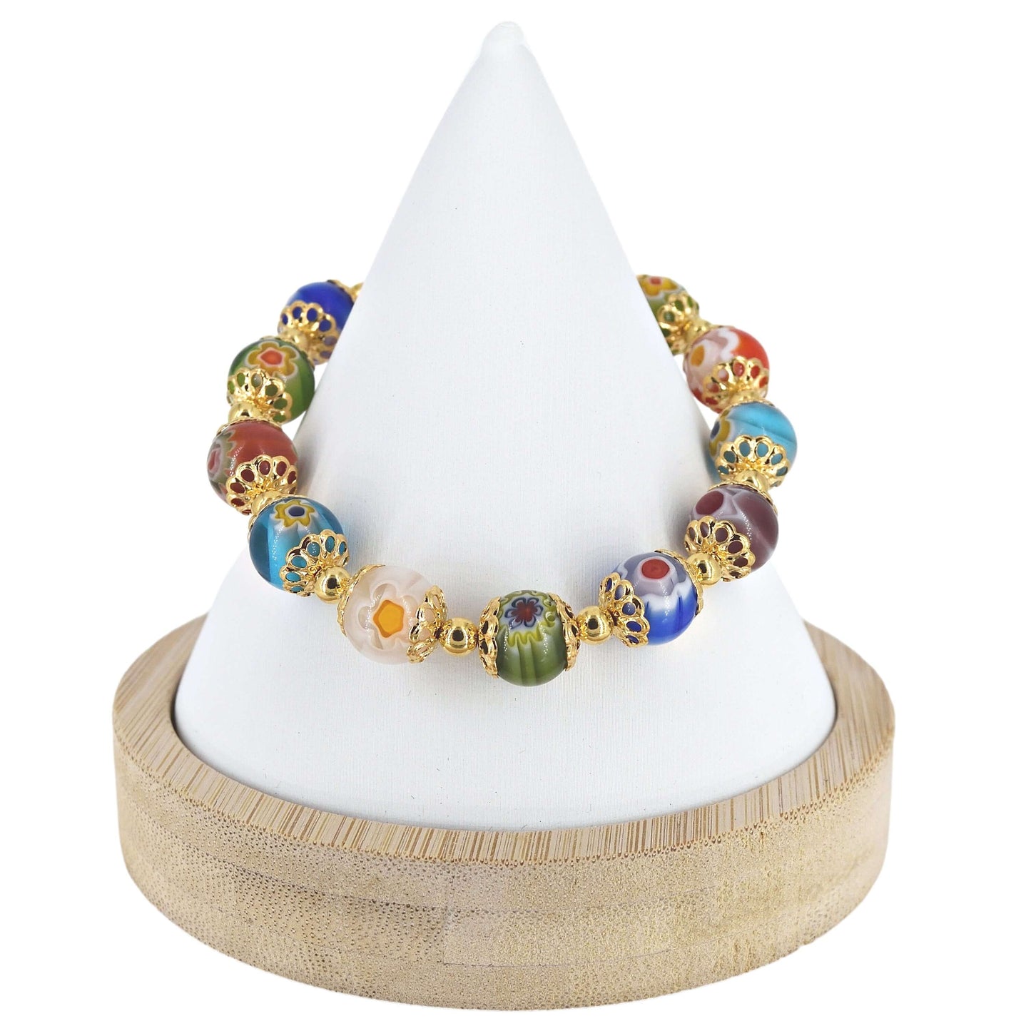 Multi-Color Millefiori Gold Stretch Italian Bead Bracelet  