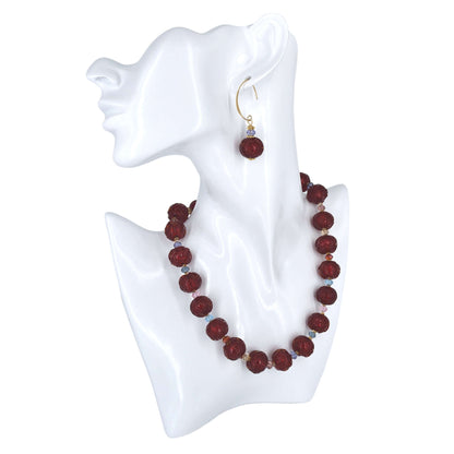 Garnet Red Glacier Italian Venetian Bead Necklace with Citrine and Austrian Crystals - Sterling Silver Clasp  