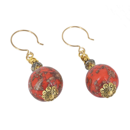 Red and Gold Venetian Bead Earrings with Blue Austrian Crystals on Gold Filled Earring Wires  