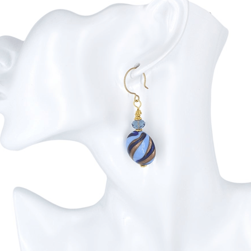 Blue Stripe Venetian Glass Earrings with Austrian Crystal on Gold Filled Earwires  