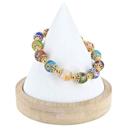 Multi-Color Millefiori Gold Stretch Italian Bead Bracelet  