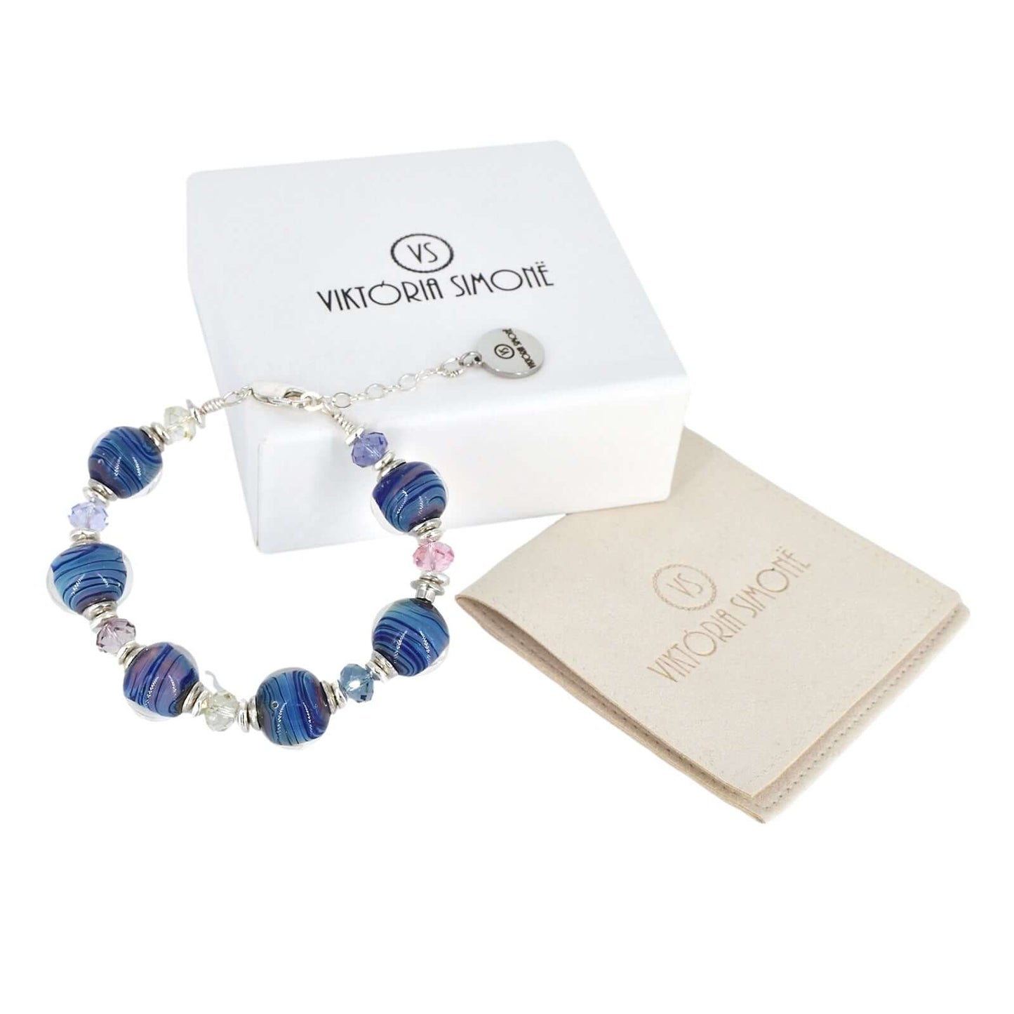 Blue Moretti Glass & Crystal Bead Bracelet with Sterling Silver Clasp  