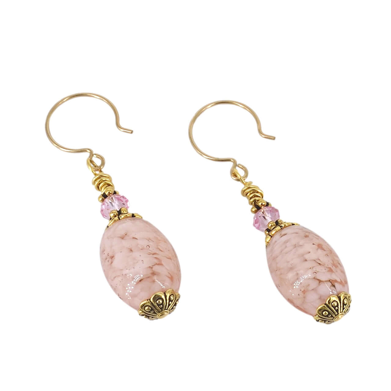 Pink Oval Italian Bead Earrings With Pink Austrian Crystal on Gold-Filled Earring wire  