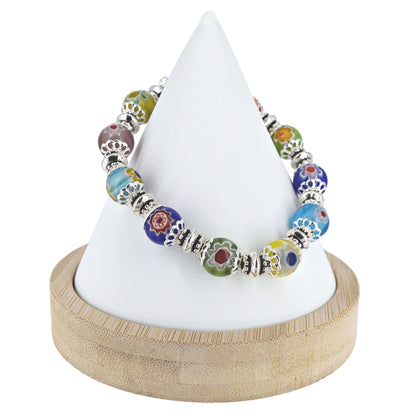 Multi-Color Millefiori Silver Glass Stretch Bracelet  