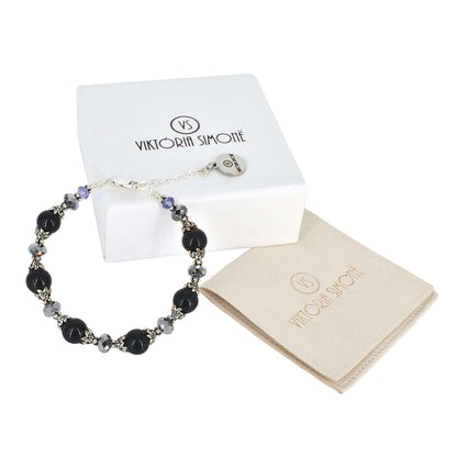 Italian Black & Gray Murano Glass & Crystal Bead Bracelet  