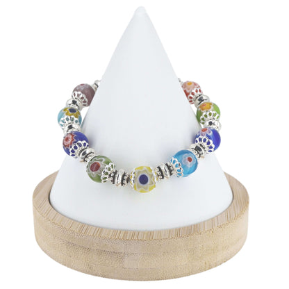 Multi-Color Millefiori Silver Glass Stretch Bracelet  