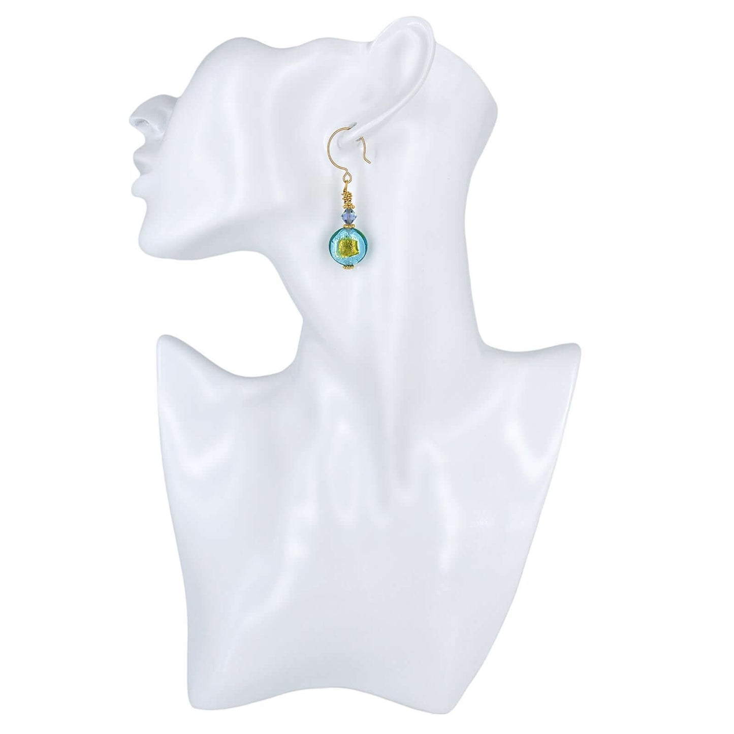 Contemporary Style Blue and Green Lentil Murano Glass Earrings with Austrian Crystal on Gold Filled Earring Wires  