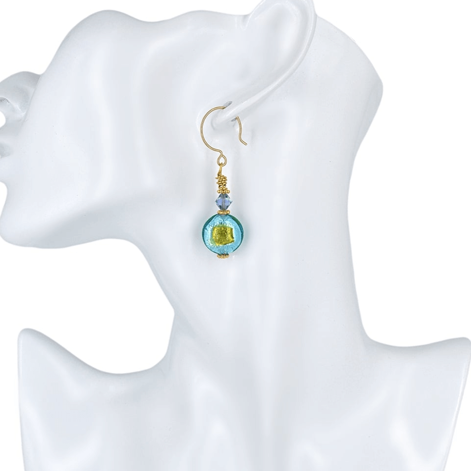 Contemporary Style Blue and Green Lentil Murano Glass Earrings with Austrian Crystal on Gold Filled Earring Wires  