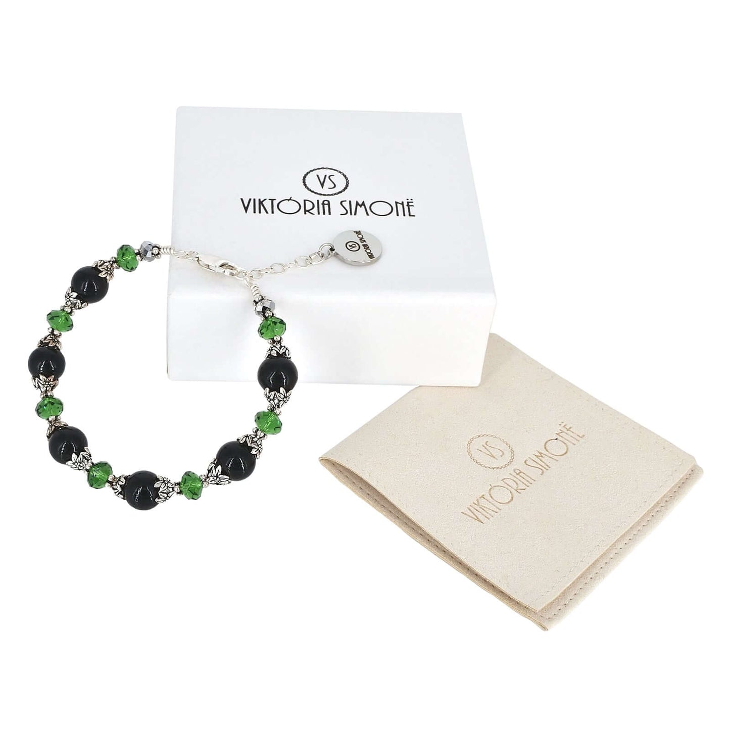 Italian Black & Green Murano Glass & Crystal Bead Bracelet  